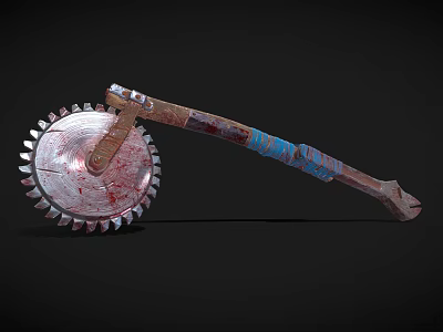 Bloodstained Serrated Weapon With Circular Blade Long Blue Red Handle And Worn Metal Design 3d model