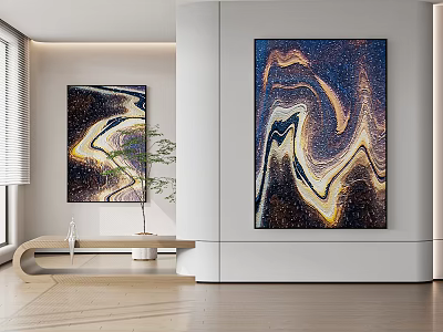 Modern Abstract Painting With Gold Black Flowing Swirl Textures In Contemporary Living Room Decor 3d model