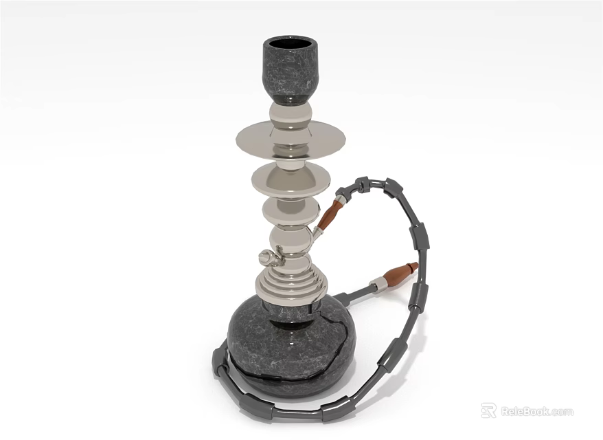Decorative Hookah Ornament Set With Black Base Silver Metal Stem And Black Hose Design 3d model 