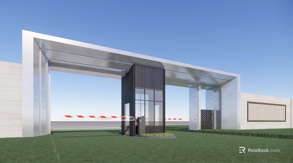 Modern Entrance Gate with Metal Canopy Glass Door Black Column Lawn and Red Railings 3d model 