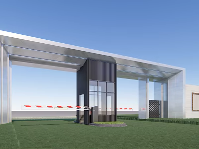 Modern Entrance Gate with Metal Canopy Glass Door Black Column Lawn and Red Railings 3d model