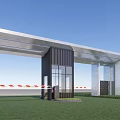 Modern Entrance Gate with Metal Canopy Glass Door Black Column Lawn and Red Railings