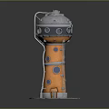 Orange Metallic Tower Structure with Gray Dome Top and Circular Windows on Circular Base