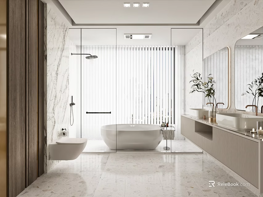 Modern Bathroom Interior With Marble Flooring Glass Shower Freestanding Bathtub Double Vanity Mirror And Plants 3d model 