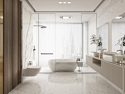 Modern Bathroom Interior With Marble Flooring Glass Shower Freestanding Bathtub Double Vanity Mirror And Plants 3d model
