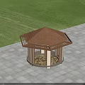 Octagonal Outdoor Gazebo With Brown Roof Circular Patterned Floor Green Lawn And Gray Stone Pavement