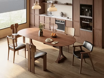 Oval Wooden Dining Table Set With Chairs Vase Fruits And Kitchen Cabinets 3d model