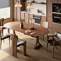 Oval Wooden Dining Table Set With Chairs Vase Fruits And Kitchen Cabinets