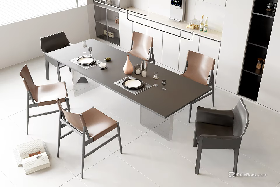 Elegant Modern Dining Table Set With Brown Black Chairs And Glass Top 3d model 