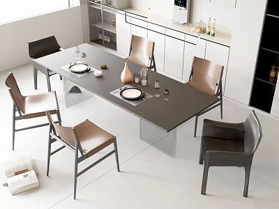 Elegant Modern Dining Table Set With Brown Black Chairs And Glass Top 3d model