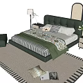 Elegant Double Bed With Black Leather Headboard Striped Bedspread Green Throw Pillows Nightstands And Table Lamps