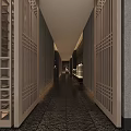Modern Minimalist Elevator Hallway With Wooden Lattice Panels Stone Floor And Warm Lighting