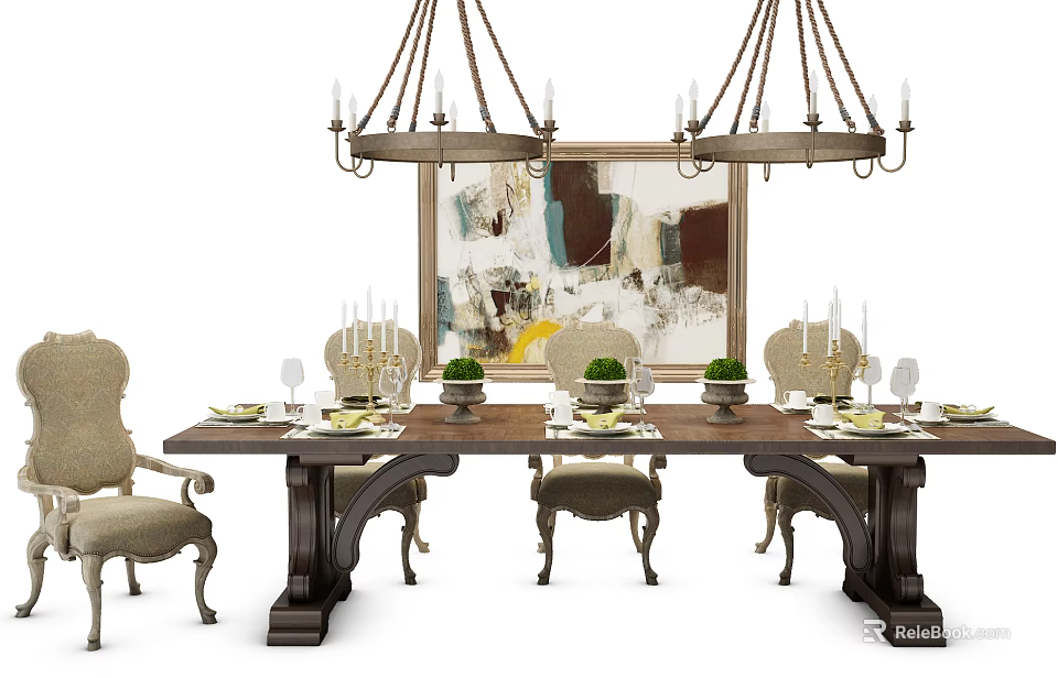 Classic Wooden Dining Table Set With Carved Chairs Hanging Chandeliers And Decorative Wall Art 3d model 