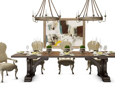 Classic Wooden Dining Table Set With Carved Chairs Hanging Chandeliers And Decorative Wall Art 3d model