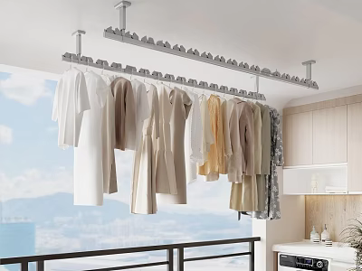 Overhead Clothes Hanger Modern Design With Hanging Garments In Bright Interior Space 3d model