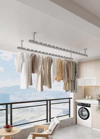 Overhead Clothes Hanger Modern Design With Hanging Garments In Bright Interior Space 3d model
