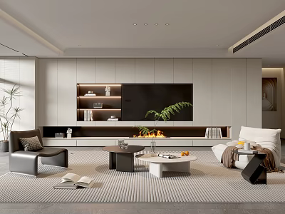 Modern Living Room Interior Design With Fireplace TV Wall Bookshelves And Plants 3d model