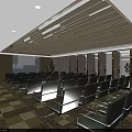 Modern Conference Room Interior With Neatly Arranged Blue Chairs Ceiling Light Strips And Marble Columns