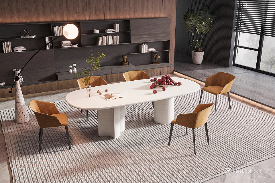 Elegant Modern White Oval Dining Table Set With Brown Chairs And Striped Rug 3d model 