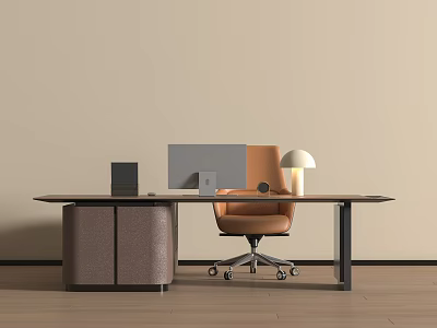Modern Office Desk With Computer Monitor Ergonomic Chair And Table Lamp 3d model
