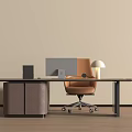 Modern Office Desk With Computer Monitor Ergonomic Chair And Table Lamp