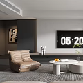 Modern Minimalist Living Room Interior With Large TV Sofa Round Coffee Tables And Plant