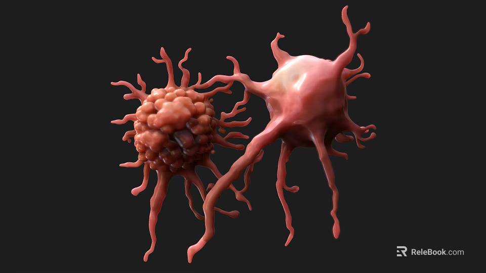 Red Biological Cells With Projections In 3D Rendering On Black Background 3d model 