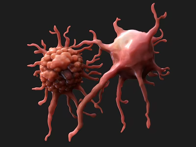 Red Biological Cells With Projections In 3D Rendering On Black Background 3d model