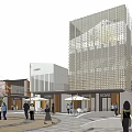 Traditional Modern Architecture Pedestrian Commercial Street With People Shops Water Feature And Evening Lanterns