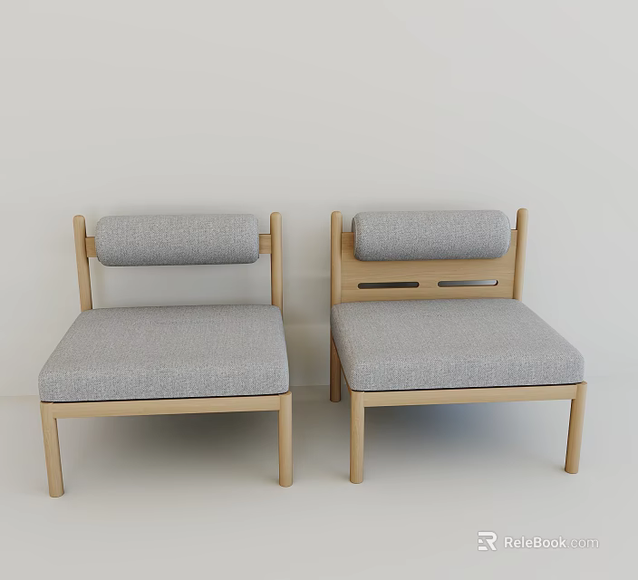 Two Single Sofas With Light Wooden Frame And Gray Cushion Backrest Simple Design 3d model