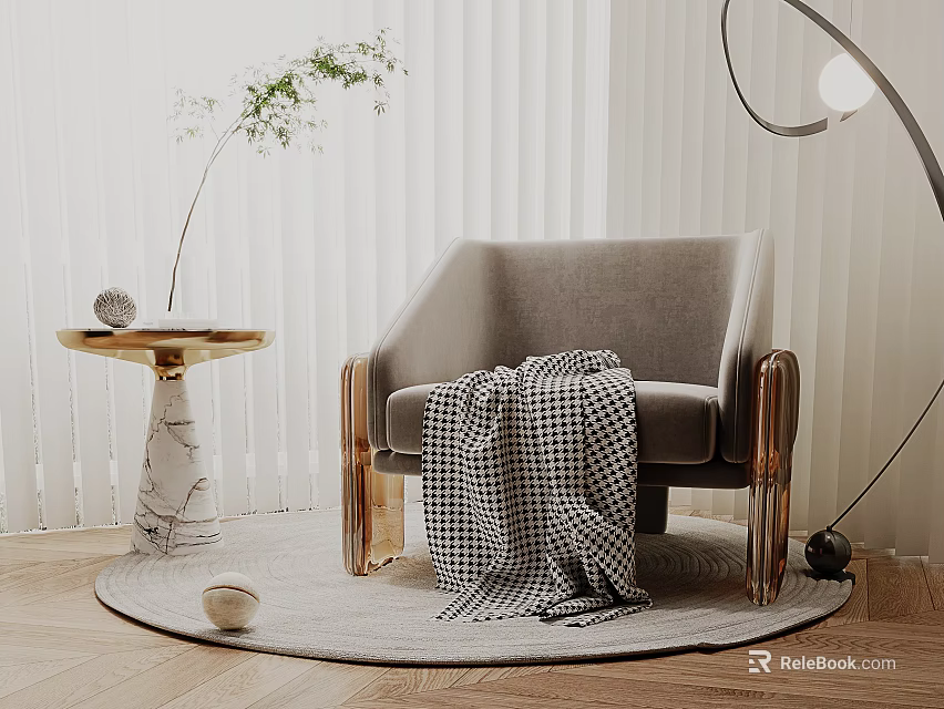 Gray Single Sofa With Checkered Blanket And Marble Side Table On Round Rug 3d model
