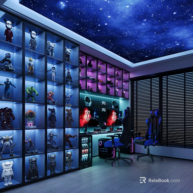 Gaming Room With Starry Ceiling And Illuminated Action Figures Display Shelves 3d model 