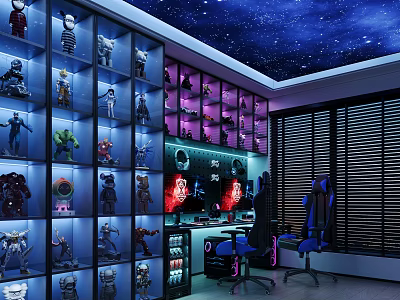 Gaming Room With Starry Ceiling And Illuminated Action Figures Display Shelves 3d model