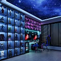 Gaming Room With Starry Ceiling And Illuminated Action Figures Display Shelves