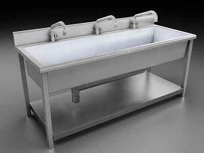 Stainless Steel Utility Sink with Three Faucets Long Rectangular Design and Lower Shelf 3d model