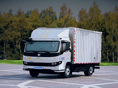 White Cargo Truck With Yellow Stripes Parked In Lot Against Green Trees 3d model