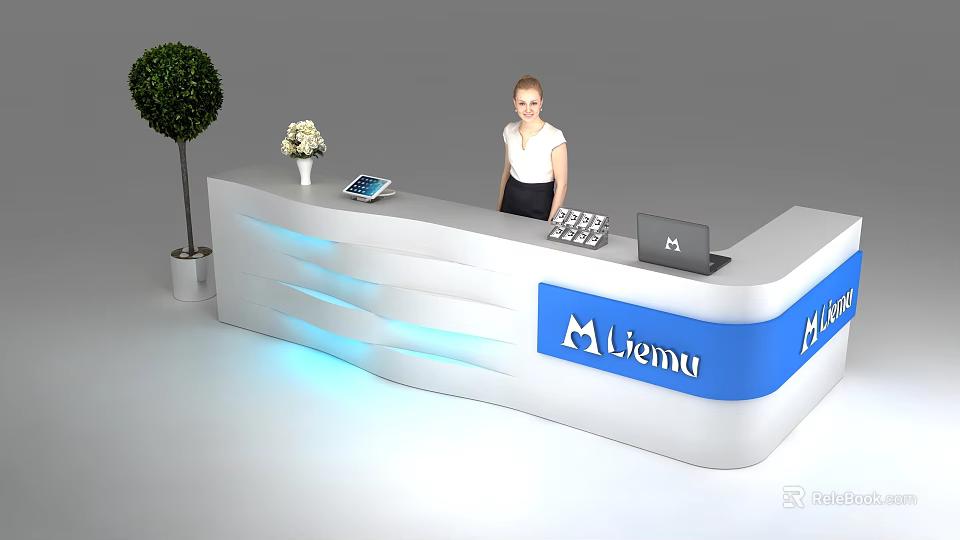 Modern Reception Desk With Blue Accents Tablet Laptop Keyboard And Potted Plant 3d model 