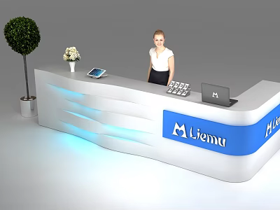 Modern Reception Desk With Blue Accents Tablet Laptop Keyboard And Potted Plant 3d model