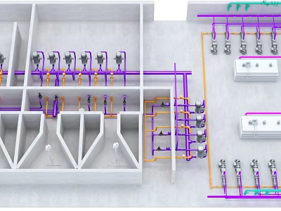 Detailed Building Pipeline Layout With Multiple Colored Pipes Valves And Connections 3d model