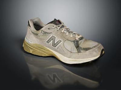 Beige And Gray Running Shoes With N Logo Gold Sole And Lace Up Design 3d model