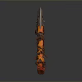 Decorative Battle Axe With Red Orange Handle Shiny Metal Blade And Intricate Carvings