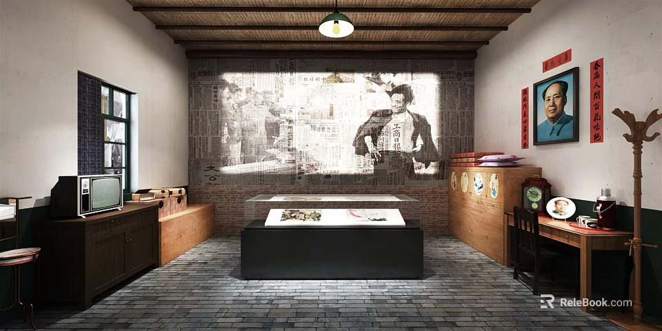 Vintage Themed Exhibition Interior Featuring Old Photo Wall Display Case And Retro Furniture 3d model 