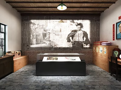 Vintage Themed Exhibition Interior Featuring Old Photo Wall Display Case And Retro Furniture 3d model