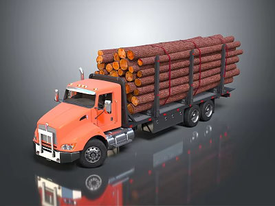 Orange Truck Transporting Fresh Wood Logs Loaded With Bundled Timber On Trailer 3d model