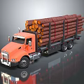 Orange Truck Transporting Fresh Wood Logs Loaded With Bundled Timber On Trailer