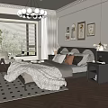 Elegant Modern Bedroom Interior With Cozy Bed Pillows Chandelier Decorative Paintings And Area Rug