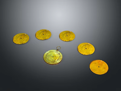 Golden Circular Decorative Ornaments With Hanging Loop And Six Pieces 3d model