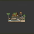 Miniature Tropical Scene Model With Thatched Huts Palm Trees And Off Road Vehicle