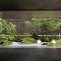 Lush Garden Courtyard Featuring Green Trees Grass Stones And Round Lights