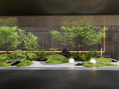 Lush Garden Courtyard Featuring Green Trees Grass Stones And Round Lights 3d model